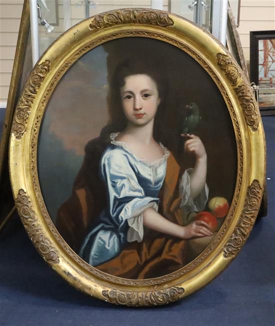 Early 18th century English School Portrait of a young lady with a parrot and peaches oval, 29 x 24in.